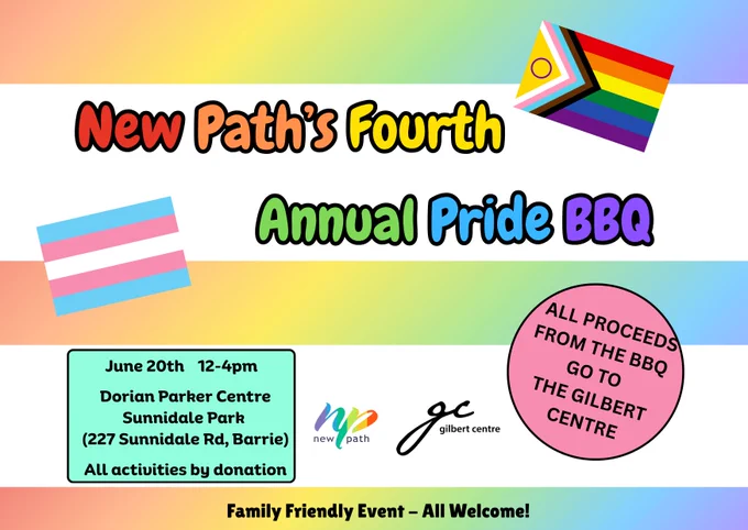 Colorful flyer for New Path's Fourth Annual Pride BBQ at Dorian Parker Centre, June 20th, 12-4pm, with proceeds supporting Gilbert Centre.
