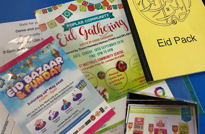 A display of flyers for Eid events around Tower Hamlets