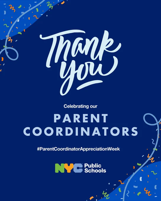 Thank you message honoring parent coordinators with NYC Public Schools logo and colorful confetti on a blue background.