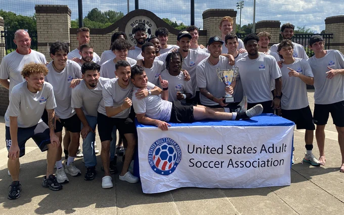 Tar Devils SC celebrates their USASA Region III Amateur Cup championship on May 31, 2026 at the Richard Siegel Soccer Complex in Murfreesboro, TN. Photo: Ronan Briscoe