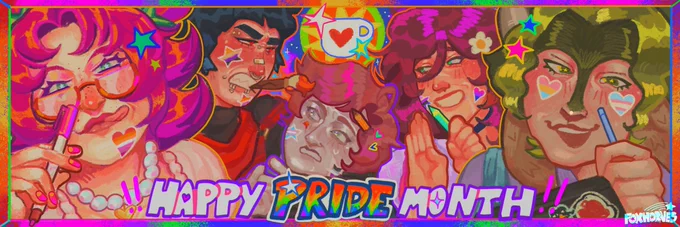 A group of LGBTQ  creators, holding pencils and paintbrushes, surrounded by a rainbow border. Various sexuality flags are featured through heart and star face stickers. Happy Pride Month, is in bold font, along the bottom of the banner 