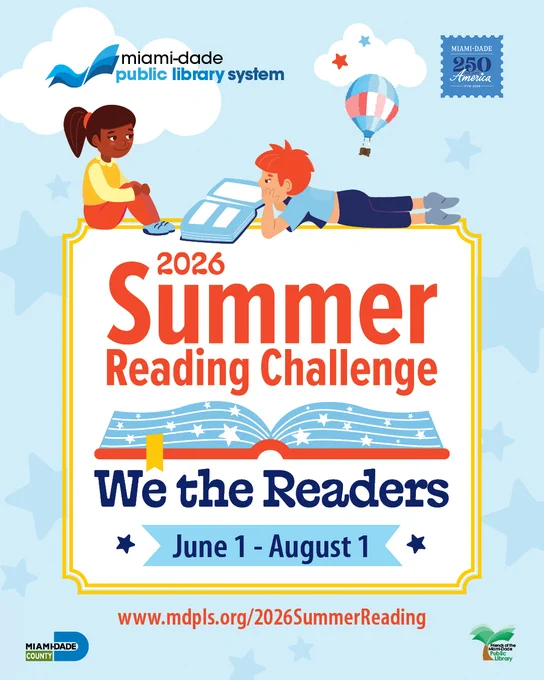 A promotion flyer for the 2026 Summer Reding Challenge. This year's theme is \"We the Readers\" and the challenge runs June 1 - August 1. Visit www.mdpls.org/2026SummerReading. On the flyer is a girl listening as a boy reads a book. There is also a hot air balloon and stars are in the sky. 