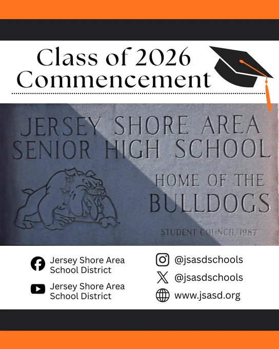 Photo of concrete sign at the JS Senior High School with text that says, "Class of 2026 Commencement" and a listing of the JSASD social media handles.