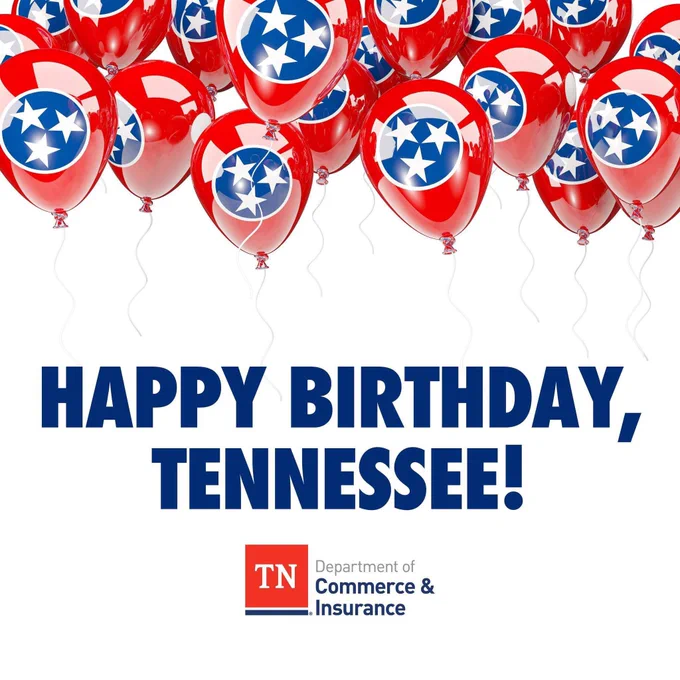 Balloons with text: Happy birthday, Tennessee! Tennessee Department of Commerce & Insurance.