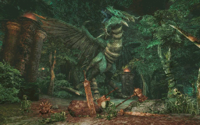 A promotional in engine render of Queen's Domain featuring a dragon and some weapons and skeletons in a forest