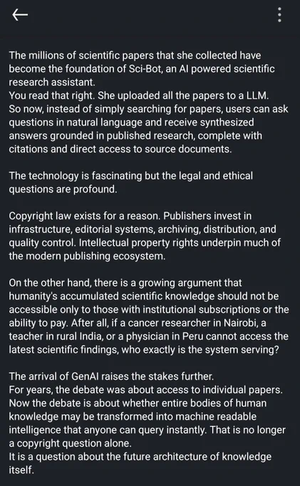 LinkedIn mobile screenshot continuing a post on Sci-Bot and Sci-Hub, contrasting publisher copyright protections with the argument for global access to scientific knowledge for researchers, teachers, physicians, and the public.