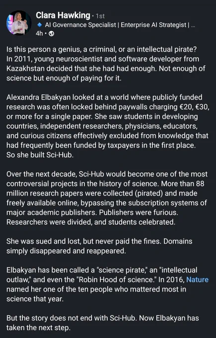 LinkedIn screenshot discussing Sci-Bot, an AI-powered scientific research assistant built from millions of Sci-Hub papers, raising legal, ethical, copyright, access, and knowledge-architecture questions around paywalled research and GenAI.