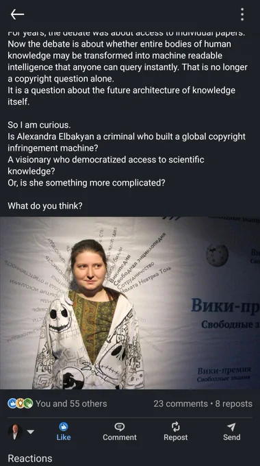 LinkedIn screenshot showing the closing questions of a post about Alexandra Elbakyan, Sci-Hub, copyright, and democratised science, followed by a photo of a woman, Alexandra Elbakyan, in a patterned hoodie before a Russian-language knowledge backdrop.