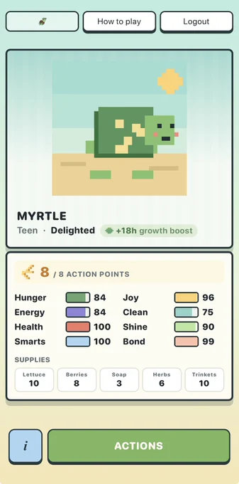 A screenshot of a pet simulator game called Only Turtles. You can grow your pet turtle from egg to adult, feeding it, petting it, cleaning it and keeping it happy.