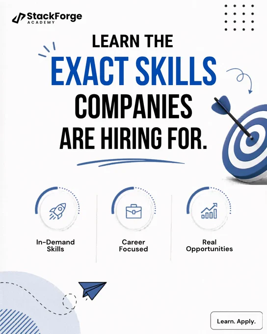 StackForge Academy poster with a clean white and blue design, featuring the headline “Learn the exact skills companies are hiring for,” a target graphic with an arrow, icons for in-demand skills, career focus, and real opportunities, plus a “Learn. Apply.” CTA.