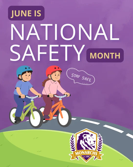 Two children wearing helmets ride bikes on a curved road with a purple background promoting June as National Safety Month.