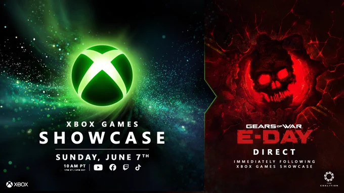 On the left side of the image the XBOX nexus is illuminated from the back in green with a swirl of blue and green illuminated particles emanating around it. Text below reads: "XBOX Games Showcase. Sunday, June 7th. 10am PT/1PM ET/6PM BST." The YouTube, Facebook, Twitch, and TikTok logos are shown. On the right side of the image is a graphic of a red skull surrounding by what looks like fractured concrete. Text below reads"Gears of War: E-Day Direct. Immediately following XBOX Games Showcase" The XBOX logo is shown in the bottom left corner and The Coalition logo is shown in the bottom right corner.