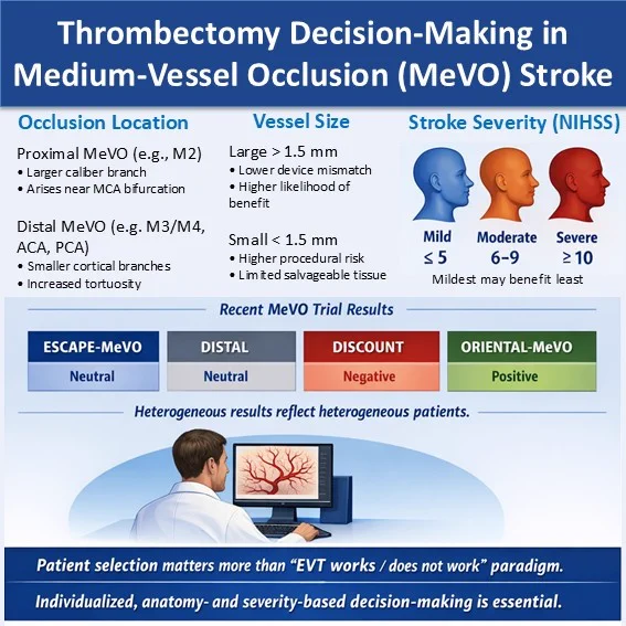 A Graphic Abstract showing the importance of individualized, anatomy- and severity-based decision-making in MeVO stroke.