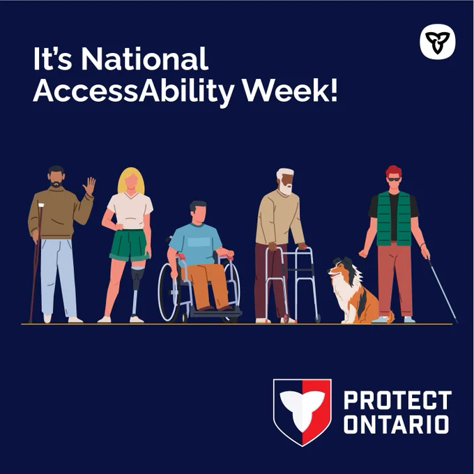 An illustration of people with various disabilities. Text reads: It’s National AccessAbility Week!