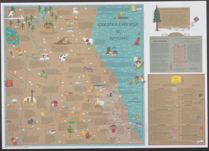 Whimsical map of Chicago, with images of a cow, horse, barn, windmill, trolley, submarine, etc.