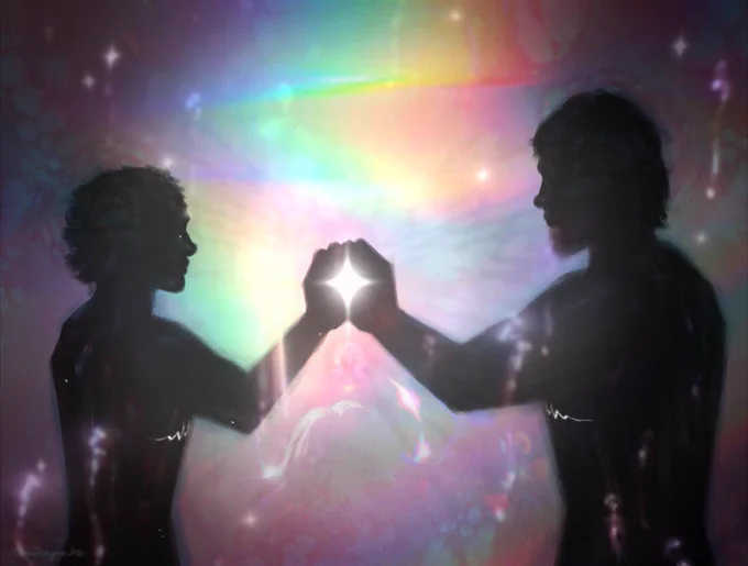 A doodle of Viktor and Jayce Talis overlayed with a collage of rainbow colours - the composition inspired by a frame from the film 'Once Within a Time'. Viktor is to the left and Jayce to the right. They are facing away from the viewer and silhouetted by a bright light. Their hands are held together, grasping a shining star. The pair are eternally surrounded by a sky full of rainbows and stars.