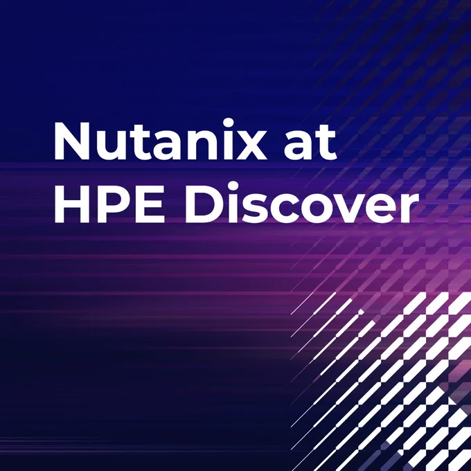 The image features the text "Nutanix at HPE Discover" on a gradient background transitioning from dark purple to dark blue, with a diagonal pattern of white shapes on the lower right corner.