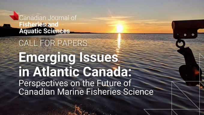 Sunset over calm Atlantic waters with a fishing boat silhouette, promoting a call for papers on marine fisheries science in Atlantic Canada.