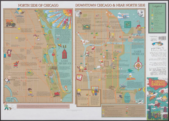 Whimsical maps of Chicago, with silly images to depict points of interest.