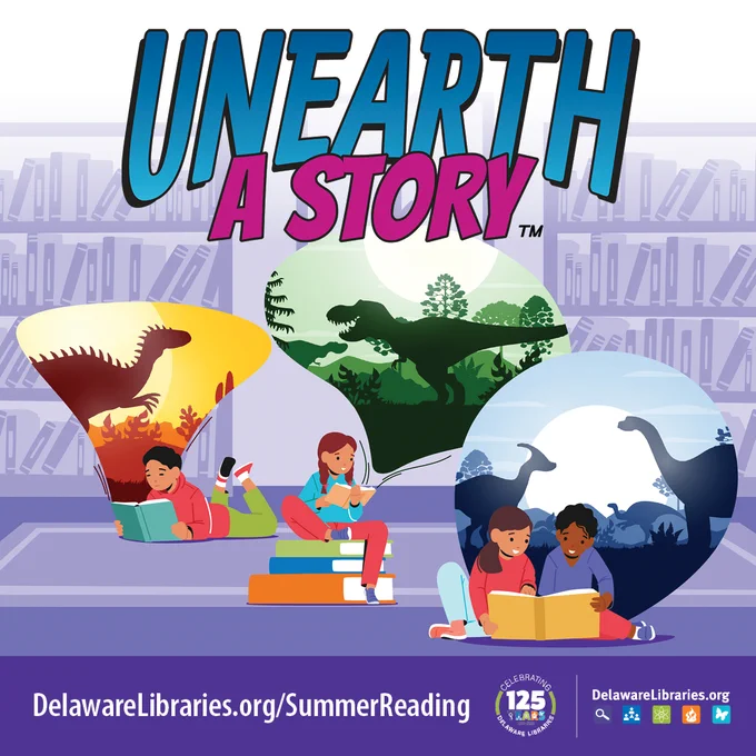 Children reading books with dinosaur silhouettes in colorful bubbles behind them, promoting Delaware Libraries' summer reading program.