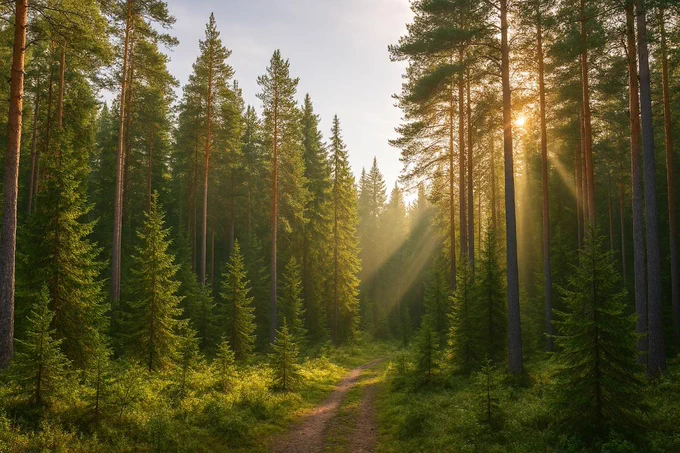 Kuvaplanssi, jossa eurooppalaista havumetsää auringonvalossa.