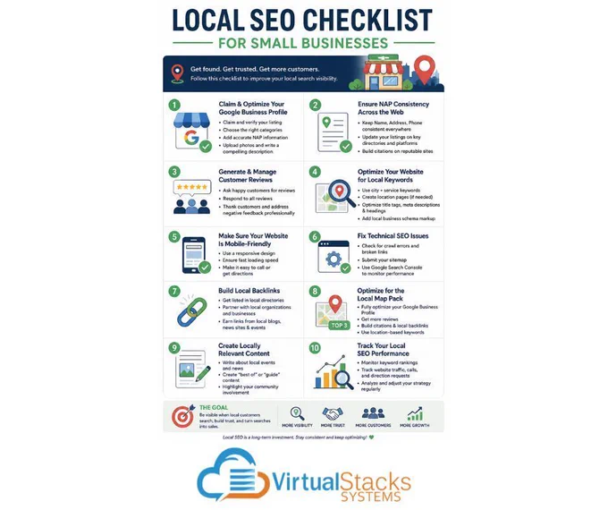 Infographic of local SEO checklist; Virtual Stacks Systems logo.