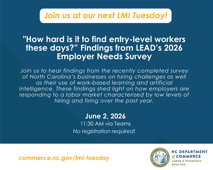 Announcement for LMI Tuesday on June 2, 2026, discussing North Carolina's 2026 Employer Needs Survey on entry-level worker hiring challenges.