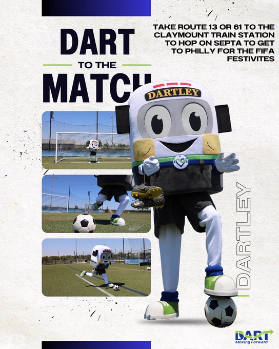Image of DARTLEY kicking a soccer ball with text saying DART to the match and to take routes 13, 61 to the Claymont train station