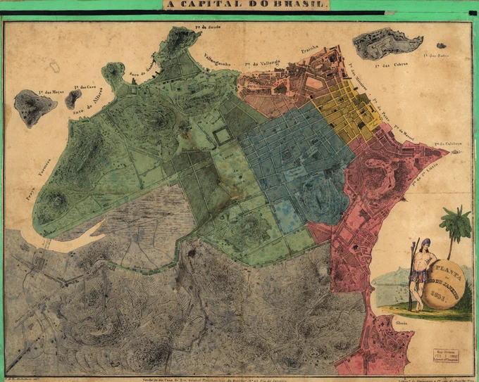 Map of Rio De Janeiro with parishes color-coded and prominent topography and buildings illustrated.