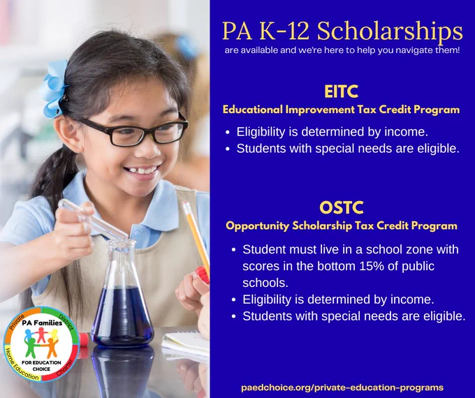Informative graphic detailing Pennsylvania K-12 scholarship programs with a cheerful student in a science lab setting.