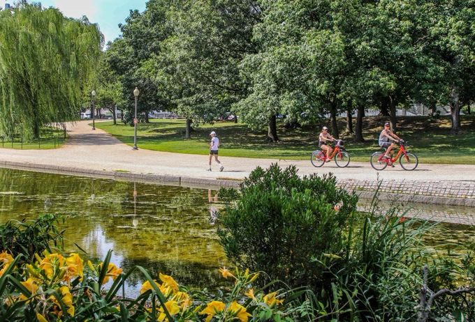 Two people ride red bicycles along a tree-lined path beside a pond with lush greenery and yellow flowers in the foreground.