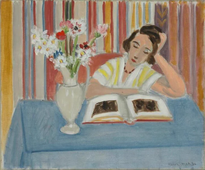"Girl Reading, Vase of Flowers" by Henri Matisse, a painting of a girl reading next to a vase of flowers