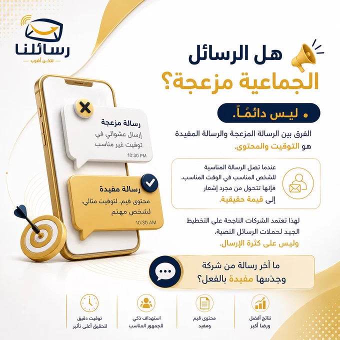 📢 ليست كل الرسائل الجماعية مزعجة.

الرسالة المفيدة تصل للشخص المناسب، في الوقت المناسب، وبالمحتوى المناسب.

هنا يصبح التواصل قيمة... وليس إزعاجًا.

#SMS #DigitalMarketing
