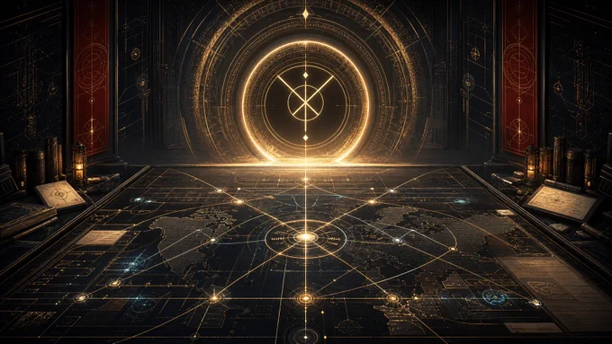 A glowing golden portal sigil rises over a dark guild archive table where map lines and signal nodes converge into one clean working surface.