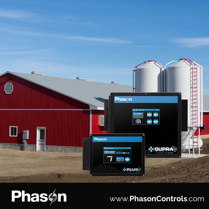 Supra Touch and Plus Touch barn controllers displayed in front of a red livestock barn and feed bins representing environmental control for poultry and swine and dairy operations.