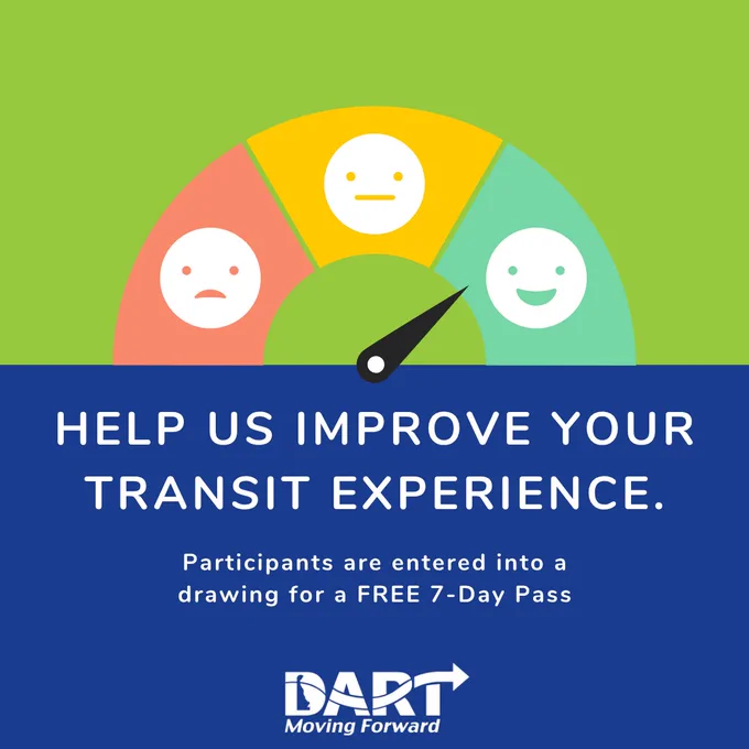 green and blue background with text that says help us improve your transit experience by taking our customer satisfaction survey