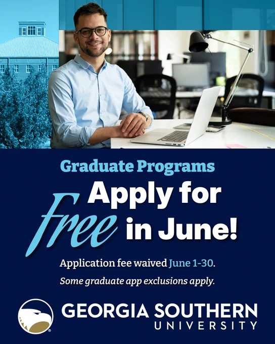 The image is an advertisement for Georgia Southern University featuring a person smiling and seated at a desk. The text announces "Graduate Programs Apply for Free in June! Application fee waived June 1-30. Some graduate app exclusions apply." The university logo is at the bottom.