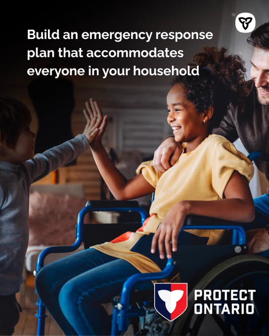 Child in a wheelchair high-fiving another child. Text: Build an emergency response plan that accommodates everyone in your household 