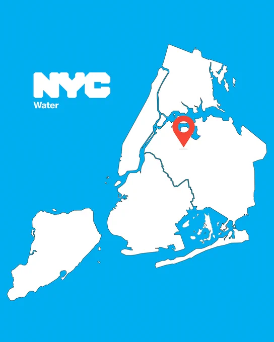 Map of New York City boroughs with a red location pin marking a spot in Queens on a blue background labeled NYC Water.