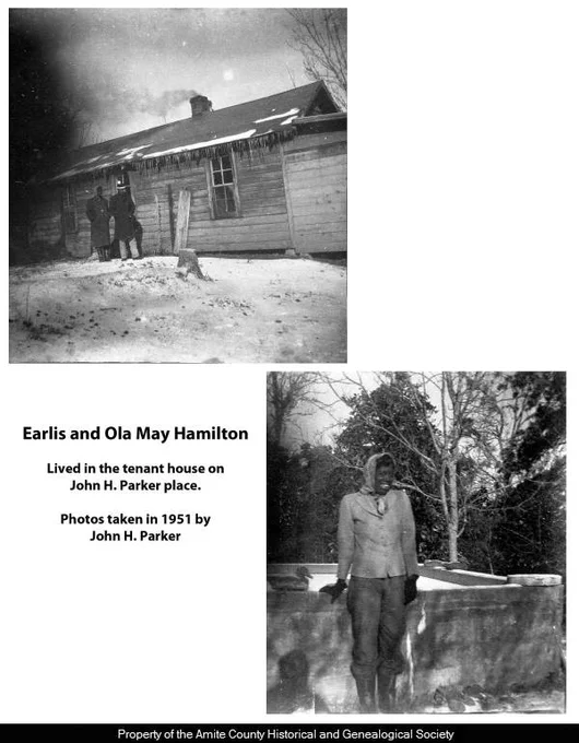 From the Amite County Historical and Genealogical Society Photographs Collection. Two photographs of Earlis and Ola May Hamilton, who lived in the tenant house on John H. Parker Place. Photos taken in 1951 by John H. Parker.