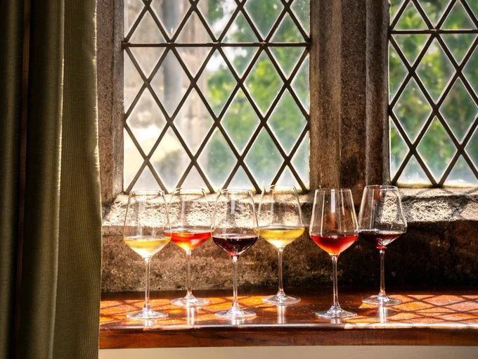 Six wine glasses with various shades of wine are placed on a sunlit wooden sill against a vintage window with diamond-patterned glass, creating a warm ambiance.