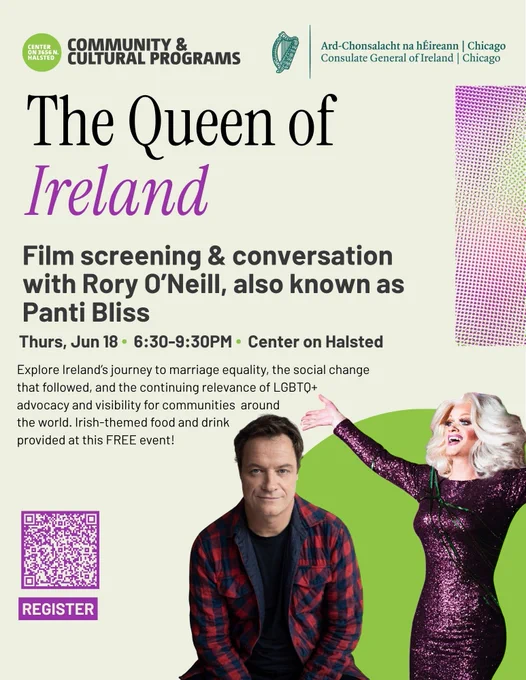 advertising graphic for pride event. photo of rory oneill as himself and as panti bliss