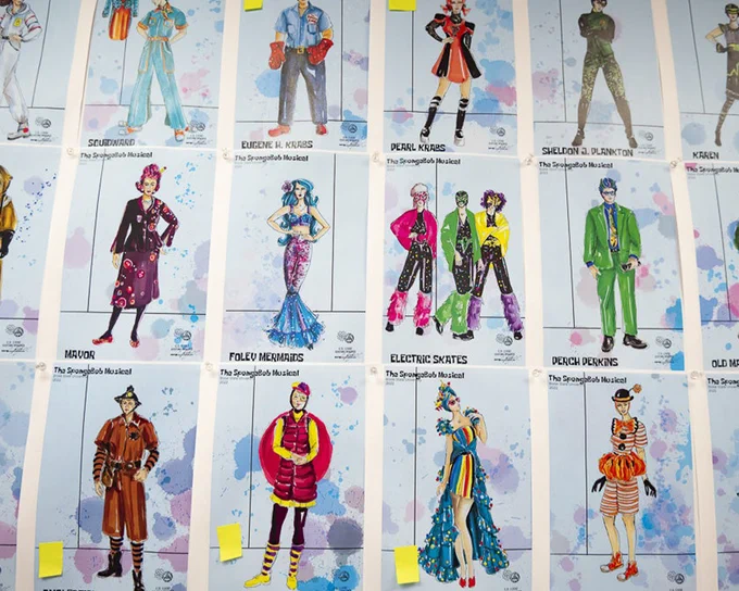 Illustrations of costume designs from Boise State theatre productions. 
