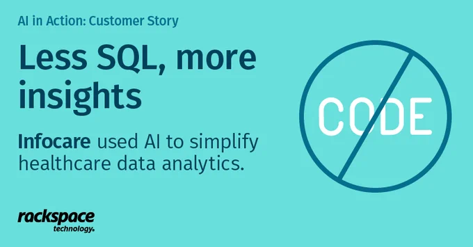 A graphic featuring the text: "AI in Action: Customer Story. Less SQL, more insights. Infocare used AI to simplify healthcare data analytics." On the right is a large circular symbol with a diagonal line through the word "CODE." The bottom left shows the Rackspace Technology logo. The background is teal.