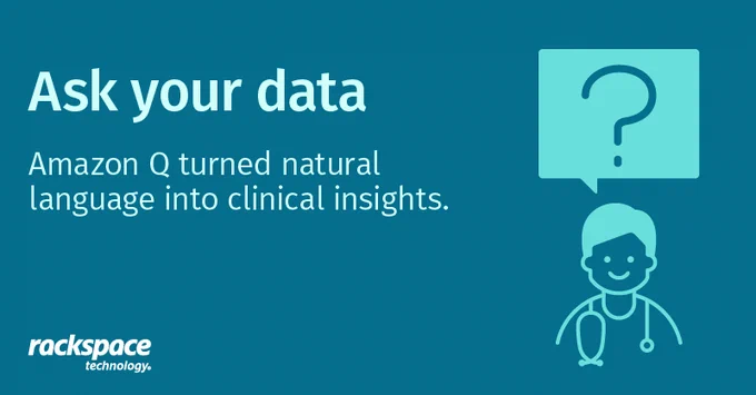 A graphic with the text: "Ask your data. Amazon Q turned natural language into clinical insights." It features an illustration of a person with a stethoscope and a speech bubble containing a question mark. The Rackspace Technology logo is in the bottom corner.