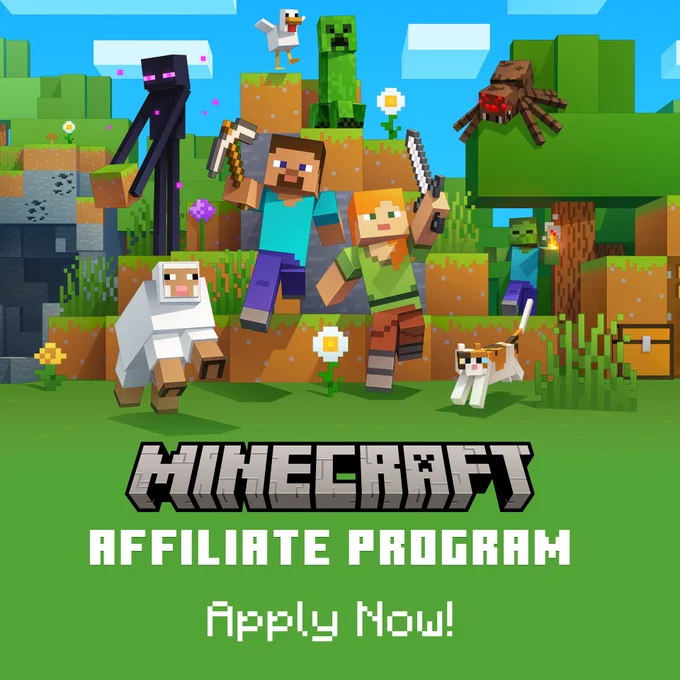 An image of Minecraft characters & mobs above the text "Minecraft Affiliate Program. Apply Now!"