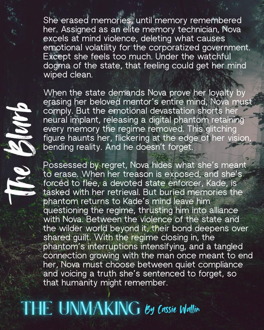 The Blurk
She erased memories, until memory remembered her. Assigned as an elite memory technician, Nova excels at mind violence, deleting what causes emotional volatility for the corporatized government.
Except she feels too much. Under the watchful dogma of the state, that feeling could get her mind wiped clean.
When the state demands Nova prove her loyalty by erasing her beloved mentor's entire mind, Nova must comply. But the emotional devastation shorts her neural implant, releasing a digital phantom retaining every memory the regime removed. This glitching figure haunts her, flickering at the edge of her vision, bending reality. And he doesn't forget.
Possessed by regret, Nova hides what she's meant to erase. When her treason is exposed, and she's forced to flee, a devoted state enforcer, Kade, is tasked with her retrieval. But buried memories the phantom returns to Kade's mind leave him questioning the regime, thrusting him into alliance with Nova.