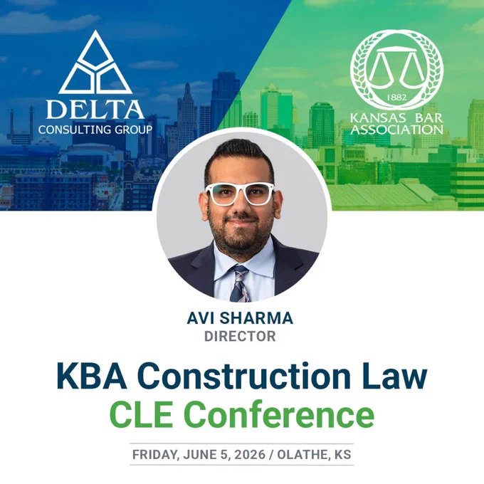 This is a promotional image for the KBA Construction Law CLE Conference. The background features a city skyline with logos for Delta Consulting Group and the Kansas Bar Association. A person identified as Avi Sharma, Director, is shown in a circular inset. The event is scheduled for Friday, June 5, 2026, in Olathe, KS.