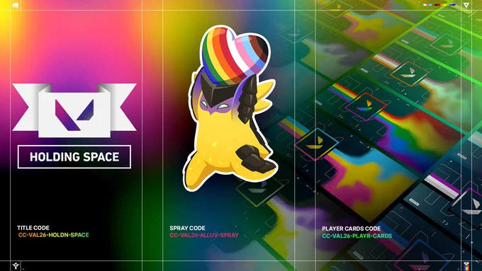 Promotional graphic for the VALORANT Pride collection, set against a vibrant, multi-colored rainbow gradient background. In the center is a spray featuring Wingman holding a large heart filled with Progress Pride flag colors. To the left, a white banner icon displays the "HOLDING SPACE" title. The right side of the image shows a collage of various Pride-themed player cards. At the bottom, three redemption codes are listed in teal and pink text: TITLE CODE: CC-VAL26-HOLDN-SPACE, SPRAY CODE: CC-VAL26-ALLUV-SPRAY, PLAYER CARDS CODE: CC-VAL26-PLAYR-CARDS