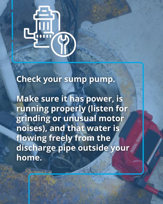 Open sump pit with visible pump and inspection camera, highlighting sump pump maintenance instructions. Text reads, “Check your sump pump. Make sure it has power, is running properly, (listen for grinding or unusual motor noises), and that water is flowing freely from the discharge pipe outside your home.”